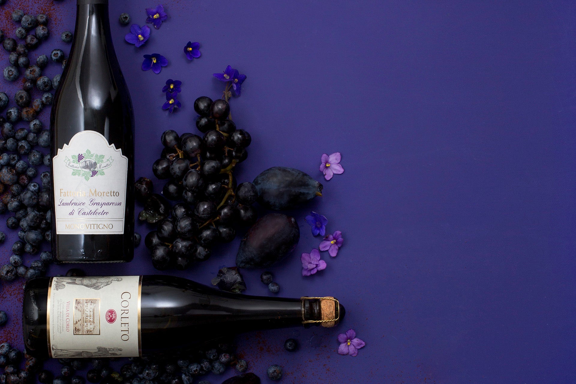 A bottle of Fattoria Moretto NV Monovitigno (Lambrusco Graspaossa di Castelvetro) and Villa di Corlo 2016 Corleto (Lambrusco Grasparossa di Castelvetro).