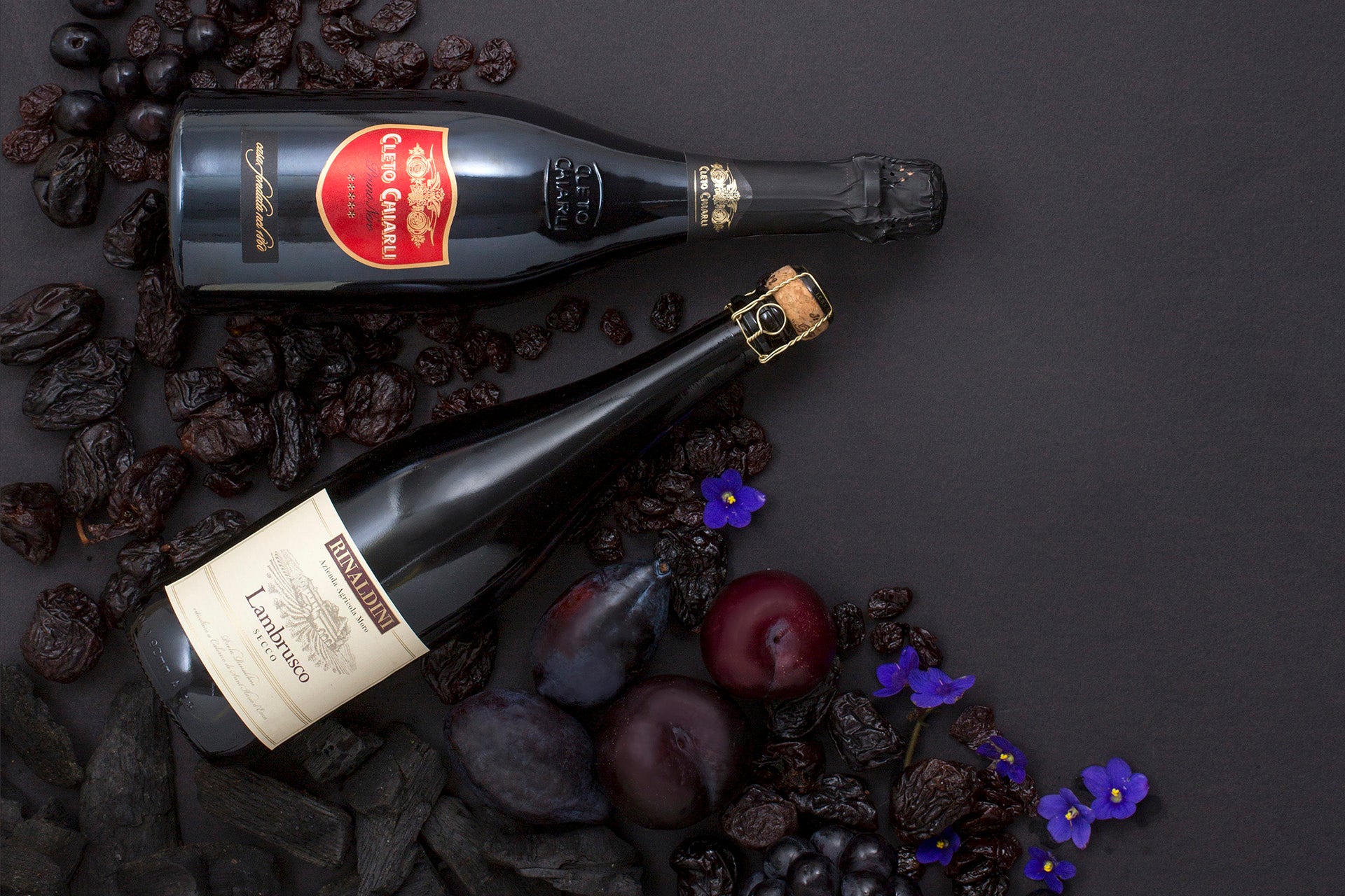 A bottle of Cleto Chiarli NV Pruno Nero (Lambrusco di Modena) and Rinaldini NV Lambrusco (Reggiano).