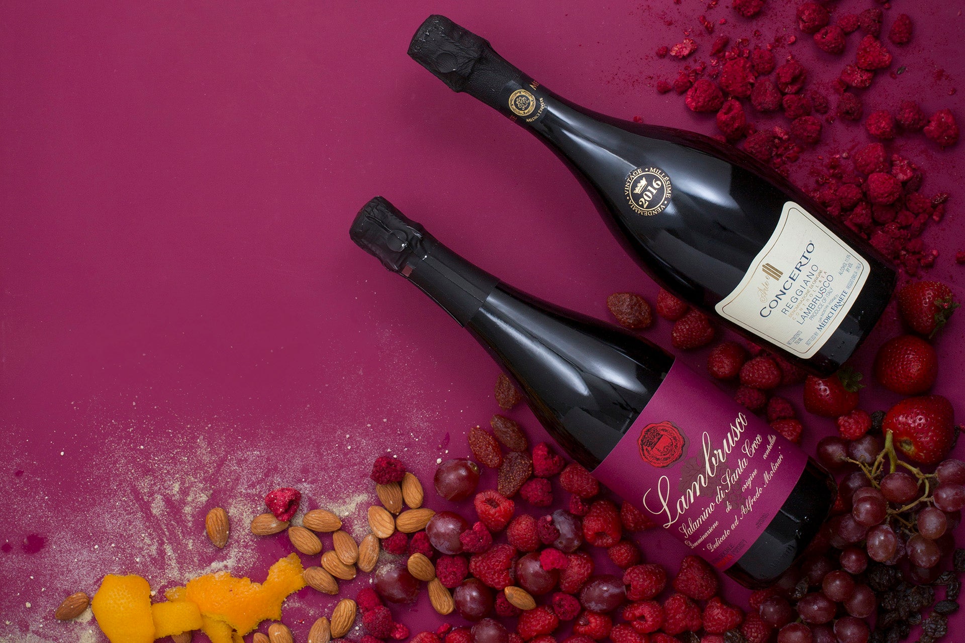 A bottle of Medici Ermete 2016 Lambrusco Concerto (Reggiano) and Cantina di Sorbara NV Dedicato ad Alfredo Molinari (Lambrusco Salamino di Santa Croce)