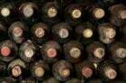 Rows of moldy wine bottles stacked in cellar